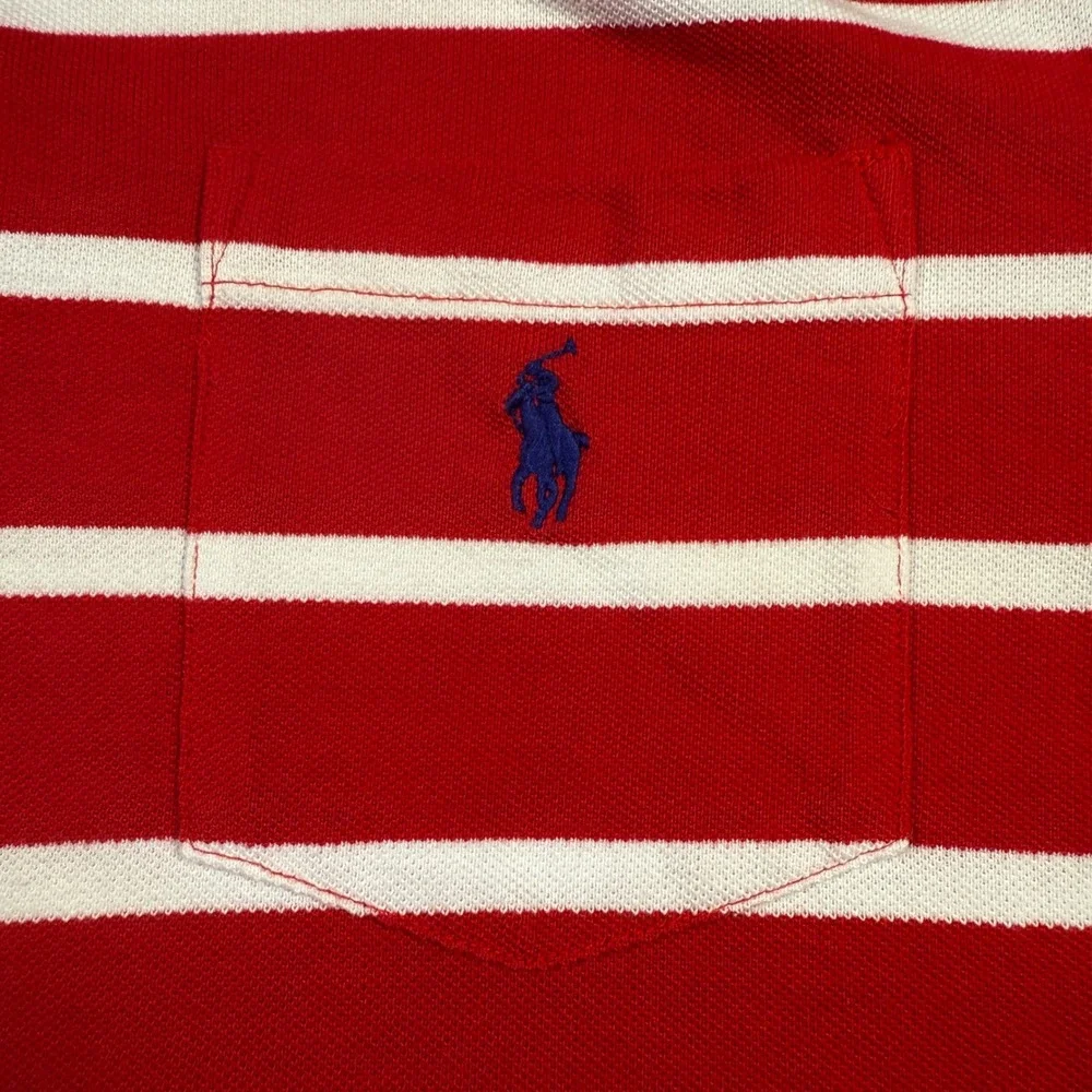 Vintage Polo Ralph Lauren XLT Tall Red White Striped Mesh Shirt Navy Pony Pocket